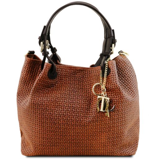 TL KeyLuck Borsa Shopping in Pelle Stampa Intrecciata Cannella TL142339