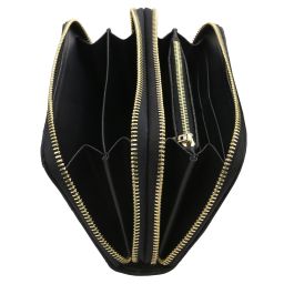 Ada Portefeuille en Cuir Souple à Double Entièrement Zippée Noir TL142349
