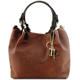 TL KeyLuck Bolso Shopping en Piel Imprimida Tejida Canela TL141573