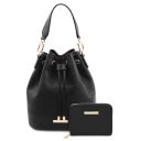 Panarea Bolso Cubo Secchiello en Piel y Elegante Cartera en Piel con Cremallera en el Contorno Negro TL142443