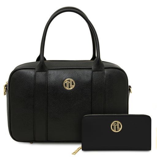 Maiorca Bolso en Piel y Cartera en Piel con Cremallera en el Contorno Negro TL142486