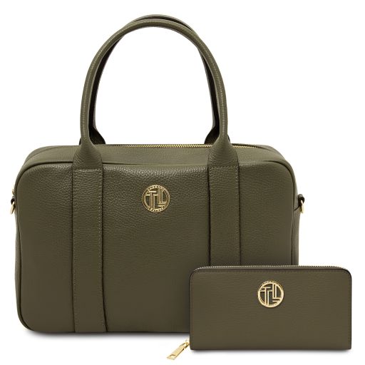 Maiorca Handtasche aus Leder und Damenbrieftasche aus Leder mit Rundum-Reißverschluss Tannengrün TL142486