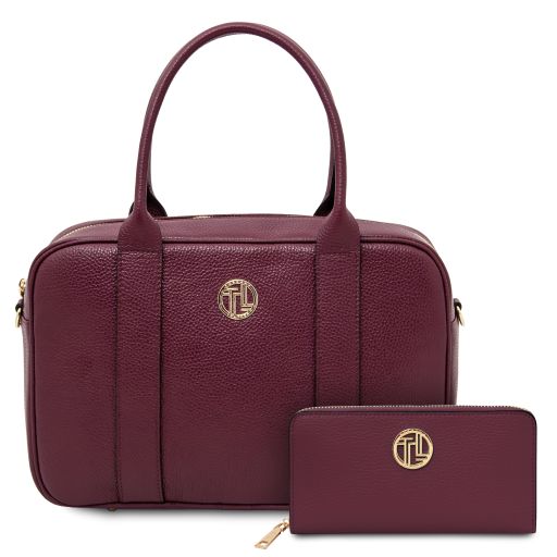 Maiorca Handtasche aus Leder und Damenbrieftasche aus Leder mit Rundum-Reißverschluss Bordeaux TL142486
