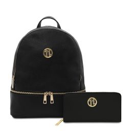Djerba Sac à dos en Cuir Souple et Portefeuille en Cuir Entièrement Zippée Noir TL142488