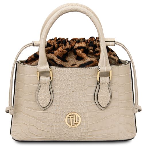 Croque Croc Print Leather Handbag Beige TL142510