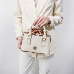 Croque Croc Print Leather Handbag Beige TL142510