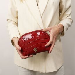 Vera Kosmetiktasche aus Leder mit Kroko-Prägung Kaffee TL142514