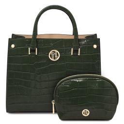 Linosa Sac Cabas en Cuir Effet Croco et Trousse de Toilette en Cuir Effet Croco Vert Forêt TL142522