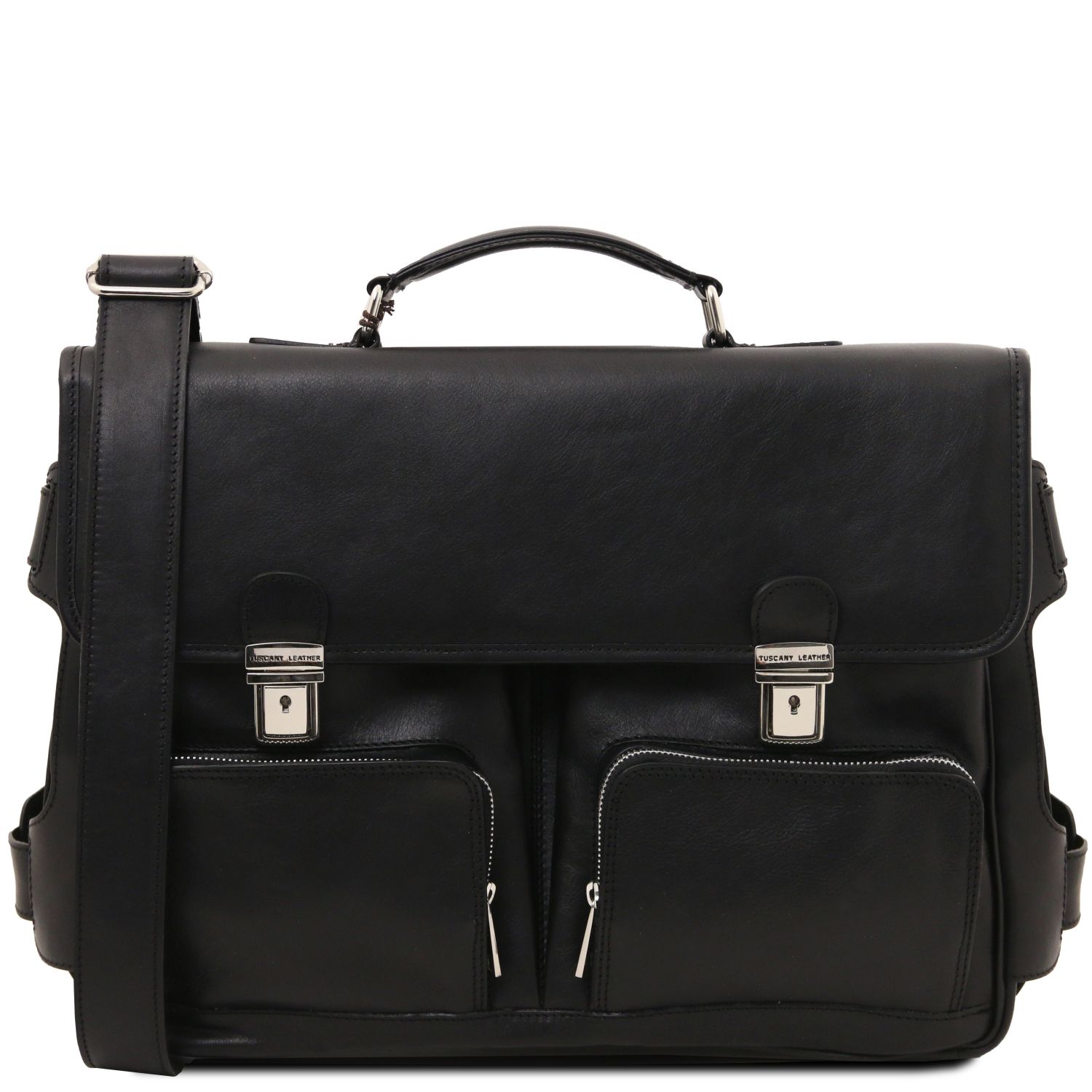 Leather multi compartment briefcase with front pockets Black