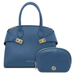 Formentera Handtasche aus Leder und Kosmetiktasche aus Weichem Leder Denim TL142524