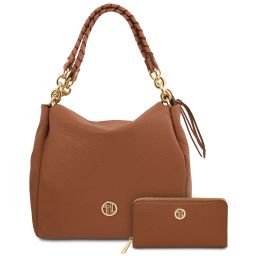 Ibiza Shopping Tasche aus Weichem Leder und Damenbrieftasche aus Leder mit Rundum-Reißverschluss Cognac TL142609