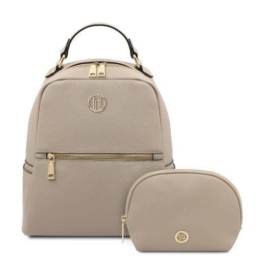 Mauritius Sac à dos en Cuir Souple et Trousse de Toilette en Cuir Souple Taupe clair TL142611