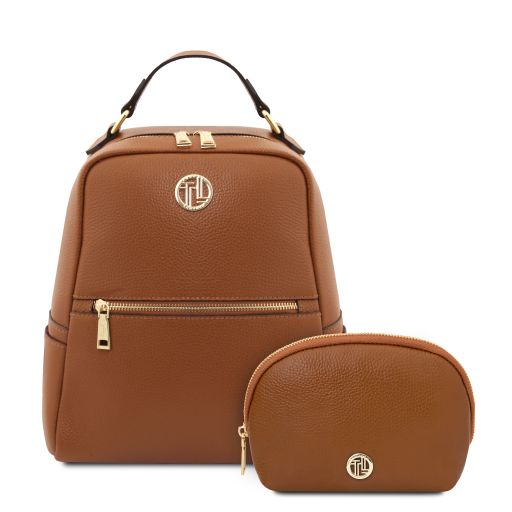 Mauritius Sac à dos en Cuir Souple et Trousse de Toilette en Cuir Souple Cognac TL142611