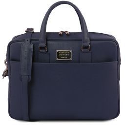 Urbino Saffiano leather laptop briefcase with front pocket Dark Blue TL141627
