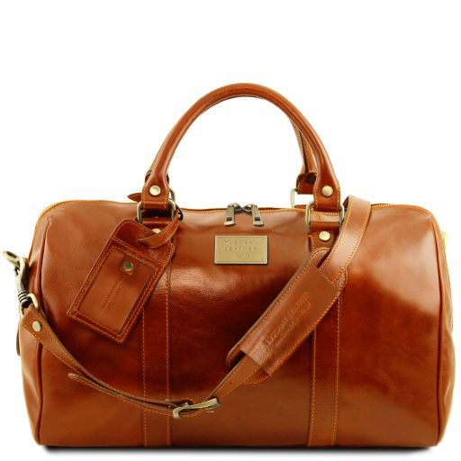 TL Voyager Travel Leather Duffle bag With Pocket on the Back Side - Small Size Honey TL141250