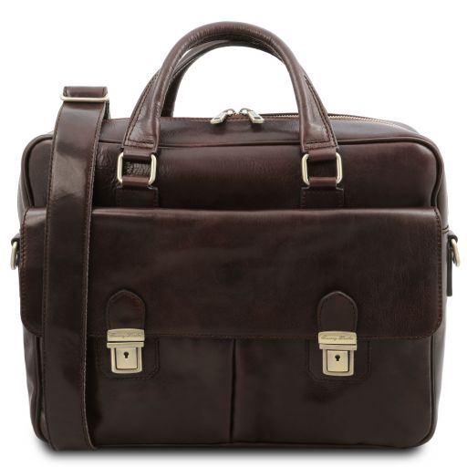 San Miniato Leather multi compartment laptop briefcase with two front pockets Dark Brown TL142026