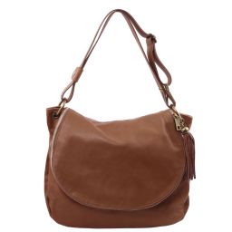 TL Bag Sac Bandoulière Besace en Cuir Souple Avec Pompon Cannelle TL141110