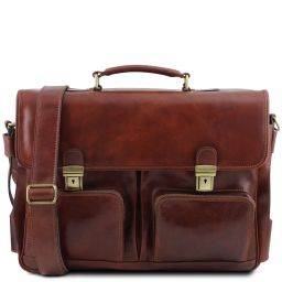 Ventimiglia Leather multi compartment TL SMART briefcase with front pockets Brown TL142069