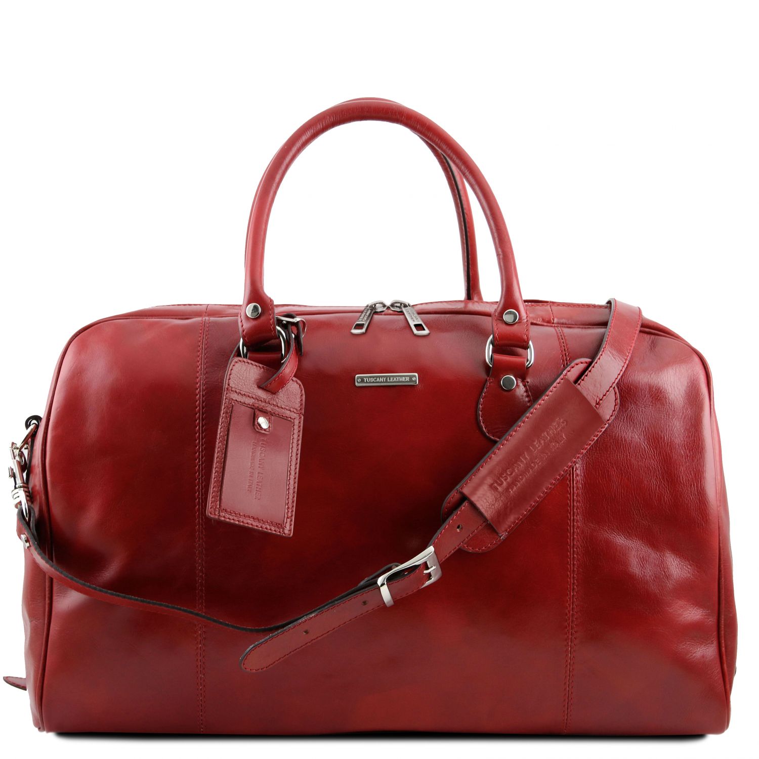 red leather duffle bag