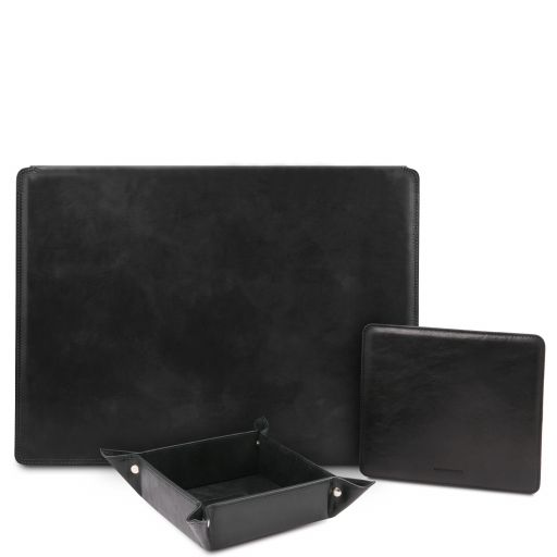 Premium Office Set Sottomano da Scrivania con Ribalta, Tappetino per Mouse e Vuotatasche in Pelle Nero TL142162