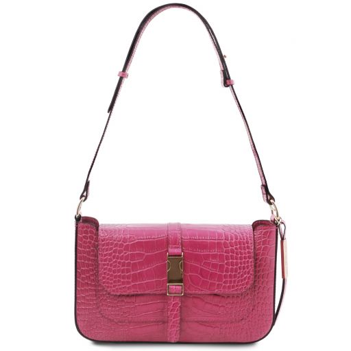 Noemi Croc print leather clutch handbag Fuchsia TL142065
