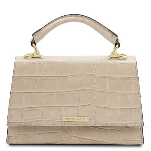 Afrodite Croc Print Leather Handbag Beige TL142300