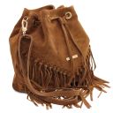 TL Bag Borsa Secchiello in Pelle Scamosciata con Frange Cognac TL142291